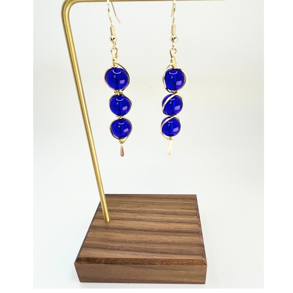 Cobalt Blue Glass Beaded Drop Earrings: 14k Gold-Plated Wire Wrapped